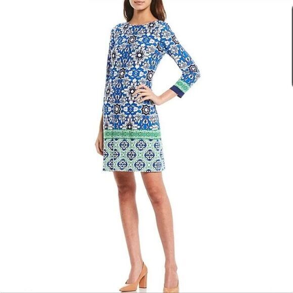 Eliza J -1017 3/4 Sleeve Mandala Printed Jersey Shift Dress Blue Green Women's 6 - Picture 1 of 11